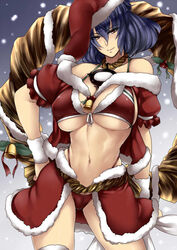 bells big_breasts bikini christmas kanako_yasaka large_breasts looking_at_viewer mirror mostly_nude purple_hair red_bikini red_eyes rope santa_hat smile snow tagme tobisawa touhou