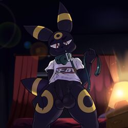 1:1 absurd_res anthro anthrofied balls black_balls black_eyebrows black_penis black_tail bodily_fluids bottomless clothed clothing collar detailed_background eeveelution erection erection_under_clothing erection_under_shirt eyebrows fur furry furry_only genital_fluids genitals hi_res holding_leash holding_object humanoid_genitalia humanoid_penis inside leash looking_at_viewer low-angle_view male male_only markings multicolored_ears nintendo penis penis_under_shirt pokémon_(species) pokemon precum pupils shirt slit_pupils solo tail topwear two_tone_ears two_tone_tail umbreon video_games virito white_clothing white_pupils white_shirt white_topwear yellow_ears yellow_markings yellow_tail