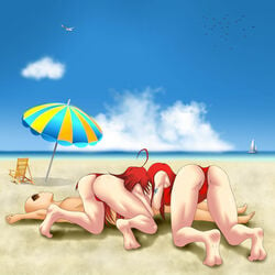 1boy 2girls ass ass_up baywatch_(cosplay) baywatch_(franchise) beach big_breasts bleedor blowjob butt collaborative_fellatio commission crossover double_fellatio erza_scarlet fairy_tail feet fellatio high_school_dxd lifeguard multiple_girls oral red_hair rias_gremory soles swimsuit teamwork