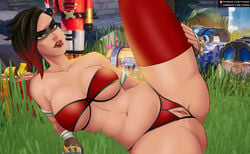 big_ass big_breasts black_and_red_hair christmas cutiepie_(fortnite) female female_only fortnite lingerie looking_at_viewer one_leg_up outside spread_legs tagme tongue_out tyrana yellow_eyes