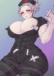 abs dorohedoro elyunae huge_breasts muscular_female noi_(dorohedoro) nurse syringe