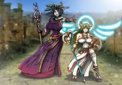 2girls dress edit fighting_stance green_hair hourglass_figure kid_icarus large_breasts medusa medusa_(kid_icarus) nintendo palutena re-maker remaker shield staff third-party_edit