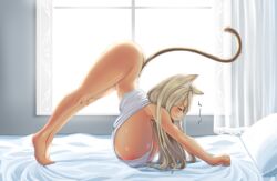 bed bedroom big_breasts blonde_hair breasts breasts_bigger_than_head cat_ears cat_tail hanging_breasts huge_breasts kaedeno_yuu long_hair nekomusu_reimu nipple_bulge nipple_slip original_character solo solo_female stretch stretching tagme