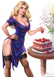 1girls aroma_sensei aroma_sensei_(oc) big_breasts breasts cake cleavage dress female female_only flower food hand_on_hip large_breasts looking_at_viewer original original_character solo standing strawberry thighhighs