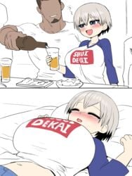 1boy 1girls 2koma alcohol beard bed beer belly big_breasts blush breasts closed_eyes comic date_rape denim_skirt drinking drunk faceless_male facial_hair fangs female female_focus grey_hair huge_breasts human imminent_rape instant_loss_2koma jean_skirt kisuu laying_down laying_on_bed male navel open_mouth pouring short_hair sleeping smile uzaki-chan_wa_asobitai! uzaki_hana