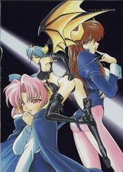 1990s 1998 20th_century 3girls armpits artist_name ass back bare_shoulders big_ass black_background black_clothing black_gloves black_thighhighs black_thong boots bow breasts cape carrera clothed clothing collar demon_girl demon_horns demon_tail demon_wings drill_hair elbow_gloves erect_tail eyebrows_visible_through_hair female female_only full_body gloves green_hair hair_ribbon half-closed_eyes hand_on_ass hand_on_waist harada_shoutarou high_heel_boots high_heels highres horns jacket large_breasts leotard long_ears long_hair looking_at_viewer matching_hair/eyes mercedes_(viper) midriff monster_girl multiple_girls nipple_bulge open_clothes open_jacket open_mouth panties pantyhose pink_eyes pink_hair pleated_skirt pointy_ears raised_leg rati red_eyes red_hair revealing_clothes ribbon ring scan school_uniform shirt short_hair sideboob simple_background skirt smile sogna stockings succubus succubus_costume succubus_horns succubus_outfit succubus_tail succubus_wings tail teeth thick_thighs thigh_boots thighhighs thong tongue viper_(series) viper_anthology viper_gts wings wrist_cuffs zettai_ryouiki