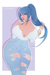 1girls big_breasts blue_hair breasts cleavage female female_only huge_breasts kokobuttz large_breasts long_fingernails looking_at_viewer solo thick_thighs torn_clothes wide_hips