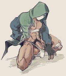 1boy bandage big_balls big_penis faceless faceless_male fingerless_gloves gloves hand_on_back hood hood_up hoodie jockstrap looking_at_viewer male male_only mask mask_only masked masked_male mskah pubic_hair pulling_underwear rainbow_six rainbow_six_siege solo spread_legs squatting tom_clancy white_mask_(rainbow_six)