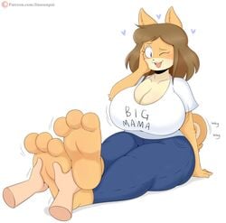 2020 3_toes anon big_breasts blue_eyes blue_jeans blush brown_hair feet flattered foot_massage furry furry_ears furry_tail hand_on_face hi_res jinu june_(jinu) massage movement_lines shirt short_hair simple_background soles tail toes wagging white_background