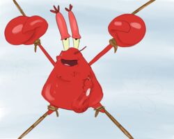 1male anthro bondage crab crustacean erection male male_only malesub mr_krabs nickelodeon nude pleasure_face smooth_skin spongebob_squarepants spread_eagle