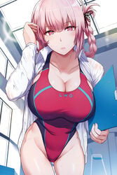 1girls blush braid breasts cleavage collarbone competition_swimsuit cowboy_shot dress_shirt eyebrows_visible_through_hair fate/empire_of_dirt fate/grand_order fate_(series) female female_only florence_nightingale_(fate) fringe hair_tucking highleg highleg_swimsuit highres holding indoors large_breasts leaning_forward looking_at_viewer miyamoto_issa non-web_source one-piece_swimsuit open_clothes open_shirt parted_lips pink_eyes pink_hair pool shirt short_hair solo sweat swimsuit tied_hair twin_braids wet white_shirt wing_collar