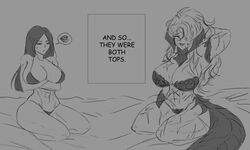 2girls abs drawn elyunae horn huge_breasts humor ingrid_genesis muscular_female scar sketch tail yuri