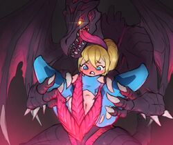 alien alien_genitalia blonde_hair blue_eyes blush breasts claws exposed_breasts exposed_pussy eyelashes female holding holding_legs krocoboi lonely_cri metroid multiple_penises nintendo nipples penis ponytail purple_skin pussy ridley ripped_bodysuit ripped_clothing samus_aran sharp_teeth shortstack size_difference spikes thick_thighs thighs tongue wings worried yellow_eyes zero_suit