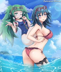 2girls big_breasts bikini blue_eyes byleth_(fire_emblem) byleth_(fire_emblem)_(female) clothed_female female female_focus female_only fire_emblem fire_emblem:_three_houses green_hair long_hair multiple_girls nintendo patdarux red_bikini red_swimsuit sothis_(fire_emblem) sticking_out_tongue swimsuit teal_hair tongue tongue_out