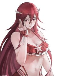 1girls bare_shoulders bikini blush cleavage cordelia_(fire_emblem) cordelia_(summer)_(fire_emblem) embarrassed female fire_emblem fire_emblem_awakening fire_emblem_heroes lips long_hair midriff nintendo plain_background red_bikini red_eyes red_hair red_swimsuit simple_background small_breasts solo solo_female swimsuit tommietomm very_long_hair white_background