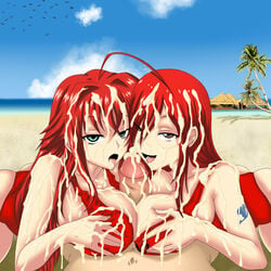 1boy 2girls baywatch_(cosplay) baywatch_(franchise) beach big_breasts bleedor blowjob bukkake butt collaborative_fellatio crossover cum cum_on_breasts cum_on_face cum_on_hair dick double_fellatio double_paizuri ejaculation_between_breasts erection erza_scarlet fairy_tail fellatio female high_school_dxd hyoudou_issei lifeguard looking_at_viewer multiple_girls open_mouth oral paizuri penis red_hair rias_gremory swimsuit teamwork uncensored