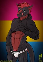 1boy abs anthro briefs clothing dragon genitals hi_res hoodie iudicium86 lgbt_pride_colors male male_only muscular muscular_anthro muscular_male pansexual_pride_colors penis pride_colors scalie solo tongue topwear underwear western_dragon white_underwear