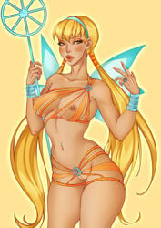 1girls amber_eyes ass big_breasts blonde_hair breasts charmix color eyeshadow fairy female female_only functionally_nude innie_pussy lingerie lipstick long_hair looking_at_viewer makeup nipples pinup pussy rainbow_(animation_studio) ring see-through_bra see-through_clothing sh1sha solo solo_female staff stella_(winx_club) thick_thighs thin_waist twintails useless_clothing winx_club