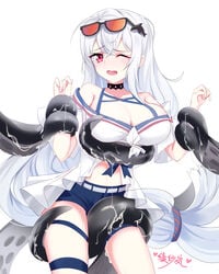 2020 arknights bangs bare_shoulders black_choker blue_shorts breasts chinese_commentary choker cleavage commentary_request coral_coast_series cowboy_shot eyebrows_visible_through_hair eyewear_on_head female hair_ornament highres lanelise large_breasts long_hair looking_at_viewer low-tied_long_hair navel no_hat no_headwear off-shoulder_shirt off_shoulder one_eye_closed open_mouth red_eyes ride_the_waves_wh04 shirt short_shorts short_sleeves shorts silver_hair simple_background skadi_(arknights) solo standing sunglasses tears tentacle thigh_strap thighs very_long_hair whale_hair_ornament white_background white_shirt