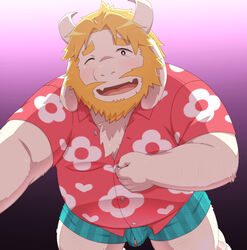 2020 anthro asgore_dreemurr barely_visible_genitalia barely_visible_penis belly boss_monster bovid bulge caprine clothing genitals humanoid_hands kemono male male_only mammal one_eye_closed overweight overweight_anthro overweight_male penis penta002 shirt simple_background solo topwear undertale underwear video_games wink