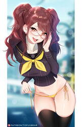 1girls black_stockings breasts brown_hair ear_piercing female female_only glasses kujikawa_rise looking_at_viewer megami_tensei open_mouth orange_eyes pale-skinned_female pale_skin panties persona persona_4 pigtails school_uniform smile solo stockings thighhighs tofuubear tongue