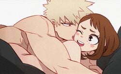 blonde_hair brunette in_bed katsuki_bakugou my_hero_academia nude ochako_uraraka straight superevey