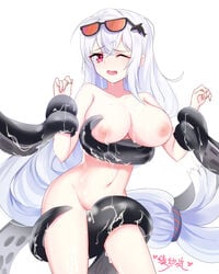 2020 arknights bangs black_choker breasts chinese_commentary choker commentary_request coral_coast_series cowboy_shot eyebrows_visible_through_hair eyewear_on_head female hair_ornament highres lanelise large_breasts long_hair looking_at_viewer low-tied_long_hair navel nipples no_hat no_headwear nude one_eye_closed open_mouth red_eyes ride_the_waves_wh04 silver_hair simple_background skadi_(arknights) solo standing stomach sunglasses tears tentacle thighs very_long_hair whale_hair_ornament white_background