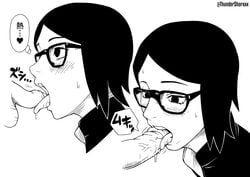 2boys big_penis black_hair blowjob blush boruto:_naruto_next_generations disembodied_penis faceless_male fellatio female glasses licking_penis looking_at_partner looking_at_penis naruto naruto_(series) open_mouth penis_size_difference saliva_on_penis saliva_on_tongue sarada_uchiha short_hair small_penis small_penis_adoration thundersharxxx tongue_wrap tongue_wrapped_around_penis