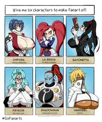 6girls age_difference aiba_manami areolae bayonetta bayonetta_(character) big_breasts bleach breasts busty cleavage clothed clothing commander_shadowsun crossover english_text female female_only huge_breasts la_brava_(my_hero_academia) large_breasts manyuu_chifusa manyuu_hikenchou marauder6272 multiple_girls my_hero_academia nipples one-punch_man psykos shounen_jump six_fanarts_challenge tau text tia_harribel villain warhammer_(franchise) warhammer_40k