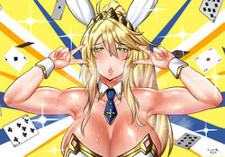 ahoge armpits artoria_pendragon artoria_pendragon_(lancer) artoria_pendragon_(swimsuit_ruler) blonde_hair blush bunny_ears bunny_girl bunnysuit cards cloire_clover collar crown crown_braid cuffs emotional_engine fate/grand_order fate_(series) green_eyes heart-shaped_pupils large_breasts long_hair open_mouth peace_sign playing_card playing_cards shiny_skin sweat sweatdrop sweaty tie yellow_background