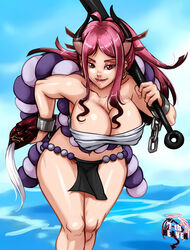 1girls 7th-heaven big_breasts breasts cleavage clothed clothing curvy ear_piercing earrings female female_focus female_only fundoshi gradient_hair hi_res highres hoop_earrings horned_humanoid horns humanoid kanabou large_breasts light-skinned_female light_skin long_hair looking_at_viewer multicolored_hair one_piece oni oni_horns revealing_clothes shackles simple_background solo two_tone_hair wide_hips yamato_(one_piece) youkai