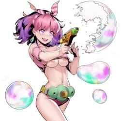 1girls bonny_(metal_slug) breasts earrings edit headband metal_slug metal_slug_attack navel nipples pink_eyes pink_hair snk water_pistol