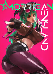 ass capcom clothing darkstalkers fingerless_gloves glasses green_hair hat long_hair looking_back medium_breasts monorirogue morrigan_aensland nail_polish peaked_cap pinup pointing pointing_at_viewer pose rave shorts solo solo_focus succubus sunglasses sunglasses_on_head v