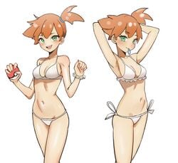 1girls armpits arms_up asymmetrical_hair bikini bikini_top blush breasts female female_only green_eyes high_resolution kasumi_(pokemon) kiritzugu looking_at_viewer medium_breasts misty_(pokemon) nintendo no_nose poke_ball pokemon pokemon_rgby ponytail side_ponytail solo swimsuit tied_hair tummy very_high_resolution white_background white_bikini white_swimsuit wide_hips