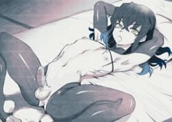 1boy alternate_costume anus armpits balls bellybutton demon_slayer elbow_gloves femboy feminine_male fit green_eyes inosuke_hashibira kimetsu_no_yaiba leggings male male_only navel nipples riko_(artist) small_penis solo solo_male tatami thighhighs toned toned_male trap wrapped_penis