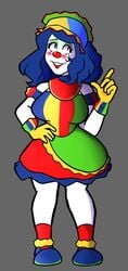 blue_hair clown clown_girl clown_makeup clown_paint curly_hair diadem female_focus female_only gray_background grey_background hourglass_figure pale-skinned_female pale_skin pixi pixi_payasita rainbow_clothing solo_female tagme yellow_gloves