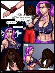 1futa 1girls 2020 blue_eyes blue_nails brown_eyes brown_hair comic dark-skinned_female dark_skin dialogue earbuds female futanari gym intersex long_hair male muscular_futanari original_character phone pink_hair speech_bubble sports_bra sweaty text villainous_muse white_skin yoga_pants