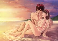 1boy 1girls absurdres beach bikini breasts brown_hair casual casual_nudity cloud commission female head_wreath hetero highres hill honeymoon human jewelry looking_at_another makoto_niijima nfoliage nonsexual_nudity nude nude_beach nudism nudist ocean pale_skin persona persona_5 ren_amamiya ring sand short_hair smile sunset swimsuit wedding_ring white_bikini wholesome wholesome_nudity