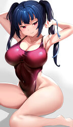 arms_behind_back arms_behind_head arms_up big_ass big_breasts blue_hair breasts female looking_at_viewer love_live! love_live!_sunshine!! one-piece_swimsuit seductive smirk solo tem10 thick_thighs tied_hair tsushima_yoshiko