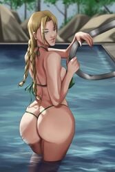 ass back_view bikini blonde_hair blue_eyes cammy_white capcom long_hair outdoors pool serise sideboob smile solo solo_focus standing street_fighter twin_braids water