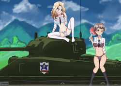 2girls baby_blue_lingerie baby_blue_underwear belly_button black_socks black_tie blue_lingerie blue_underwear blush bow_bra bow_panties bow_underwear bra dark_purple_lingerie exposed_thighs exposed_torso fan female_only girls_und_panzer handheld_fan ice_cream ice_cream_drip ice_cream_in_mouth kay_(girls_und_panzer) lace lace_bra lace_lingerie lace_panties light_blue_lingerie light_blue_underwear lingerie m4_sherman multiple_girls naomi_(girls_und_panzer) nature_background no_pants no_shoes no_skirt nyankun panties saunders_(emblem) saunders_university_high_school_student sherman_(tank) shirt_lift sitting_on_tank sitting_on_vehicle socks summer tagme tank thigh_highs thighhighs three-quarter_socks tie tomboy underwear whentai white_thigh_highs white_thighhighs