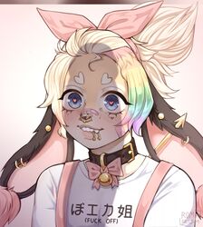 1boy 2020 artist_signature bandage bell_collar blonde_hair blue_eyes blush bow collar commission ear_piercing english_text femboy freckles furry girly heart-shaped_eyebrows heart-shaped_pupils japanese_text kemonomimi lip_piercing long_ears male male_only nose_bandage nose_piercing nose_ring overalls penis_awe penis_shadow rainbow_hair rorarom short_ponytail teeth translated trap