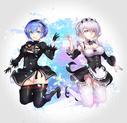 2girls alternative_costume android black_clothes black_dress black_footwear black_gloves black_legwear black_skirt blue_eyes blue_hair blush boots breasts cleavage cleavage_cutout closed_mouth cosplay costume_switch crossover crossover_cosplay detached_sleeves dress dspell eyebrows_visible_through_hair female female_only full_body gloves hair_between_eyes hairband juliet_sleeves kneeling large_breasts leotard long_sleeves looking_at_viewer maid mary_janes medium_breasts mole mole_under_mouth multiple_girls nier:_automata nier_(series) open_mouth outfit_swap panties pantyhose parted_lips petals puffy_sleeves re:zero_kara_hajimeru_isekai_seikatsu rem_(re:zero) rem_(re:zero)_(cosplay) ribbon_trim roswaal_mansion_maid_uniform shoes short_hair silver_hair skirt thigh_boots thighhighs thighhighs_under_boots underwear victorian_maid weapon white_legwear white_panties white_underwear wookyung yorha_2b yorha_2b_(cosplay)