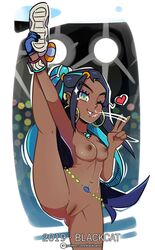 1girls 2019 areolae belt blackcat18up blue_hair breasts dark-skinned_female dark_blue_hair dark_skin dated hair_ornament jewelry leg_up long_hair nessa_(pokemon) nintendo nipples one_eye_closed pokemon pokemon_ss pussy spoken_heart text thighs two_tone_hair