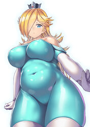 1girls big_breasts blonde_hair blue_bodysuit bodysuit breasts chubby cleavage fat female female_only huge_breasts large_breasts looking_at_viewer mario_(series) nagase_haruhito nintendo overweight princess_rosalina simple_background skin_tight slightly_chubby solo standing tight_clothing white_background