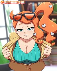 1girls 2020 big_breasts cleavage clothed female glasses glasses_on_head green_eyes hair_ornament hair_ornaments half-closed_eyes jacket looking_at_viewer open_coat orange_hair pokemon pokemon_ss ponytail pov presenting_cleavage reit smiling sonia_(pokemon) sunglasses_on_head turquoise_eyes web_address