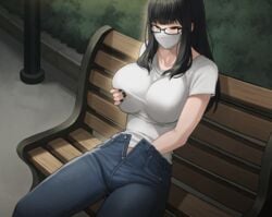 1girls animated big_breasts black_fingernails black_hair breast_grab breasts clothed clothed_masturbation clothing female female_masturbation female_only glasses hand_in_own_pants hand_in_pants jeans kkamja large_breasts mask masturbation nail_polish open_fly outdoors pants public public_masturbation red_eyes reina_(kkamja) solo solo_female solo_focus unzipped unzipped_jeans unzipped_pants white_shirt