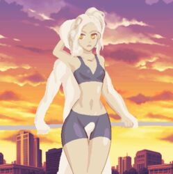 1boy 1girls animated black_bra black_shorts blonde_hair clothed_female clothed_female_nude_male female gif gym_uniform jayking light-skinned_female male midriff nude nude_male orange_eyes outdoors pixel_art small_breasts sports_bra sportswear sunset thigh_sex thighjob yoga yoga_pants