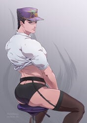 ass bara black_hair blue_eyes depressed_dilf dilf femboy_dilf garter_belt jojo's_bizarre_adventure jotaro_kujo male male_only muscular muscular_male panties partially_clothed reidloss solo solo_male stockings stone_ocean