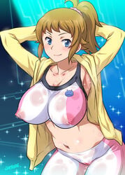 1girls armpits arms_behind_head artist_name big_breasts bike_shorts blue_eyes breasts brown_hair erect_nipples erect_nipples_under_clothes female female_only gundam gundam_build_fighters gundam_build_fighters_try hoshino_fumina impossible_clothes joy_ride large_breasts looking_at_viewer navel nipples see-through short_hair skin_tight smile solo sweat